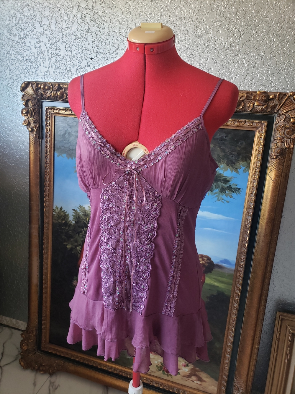Michele Mauve Lace-Trimmed Spaghetti Strap Cami